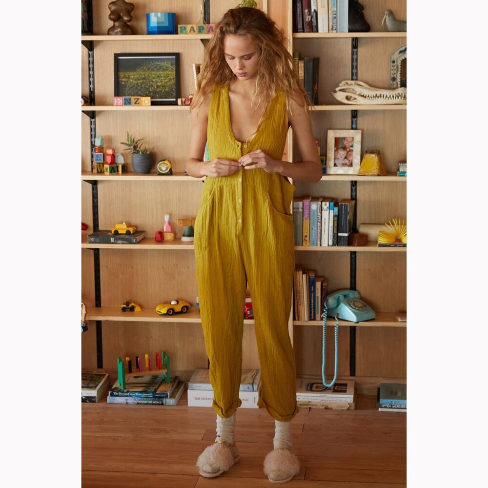 UO Out From Under Rhea Button Front Jumpsuit in Chartreuse - sz Medium